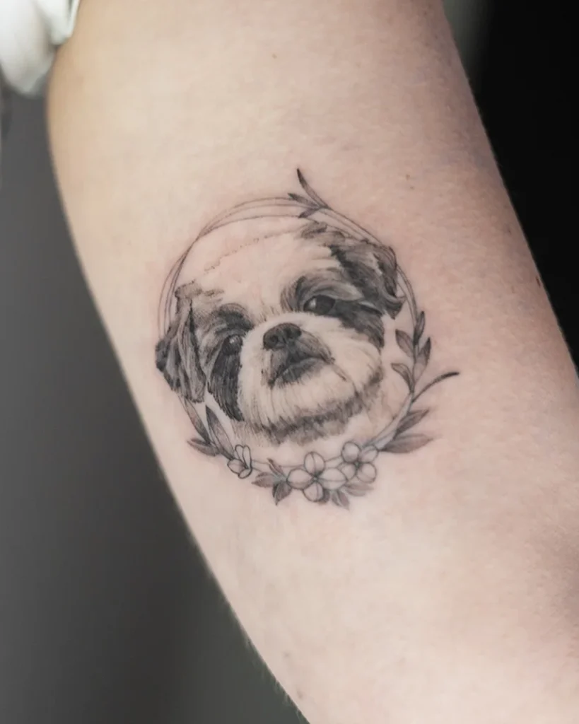 realistisch potret tattoo van ene hondje met bloemen